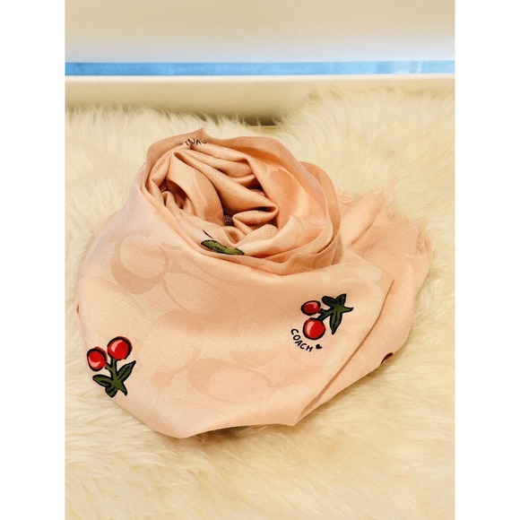 NWT Coach Women Signature Cherries Print Wrap Scarf Wool & Silk Blush Pink $175 - Picture 4 of 8